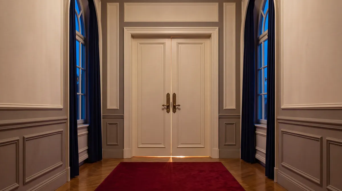 Panelled ballroom doors between tall windows