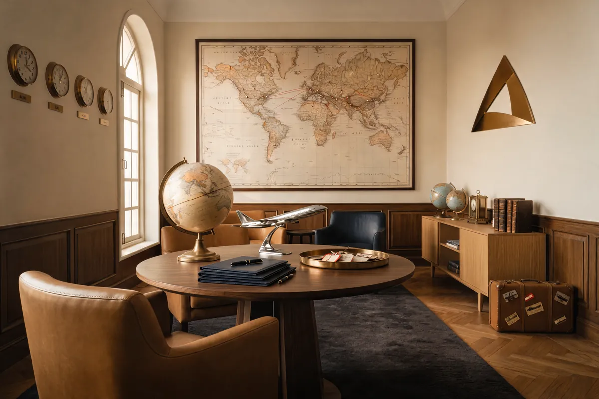 A travel lounge with a globe and a world map