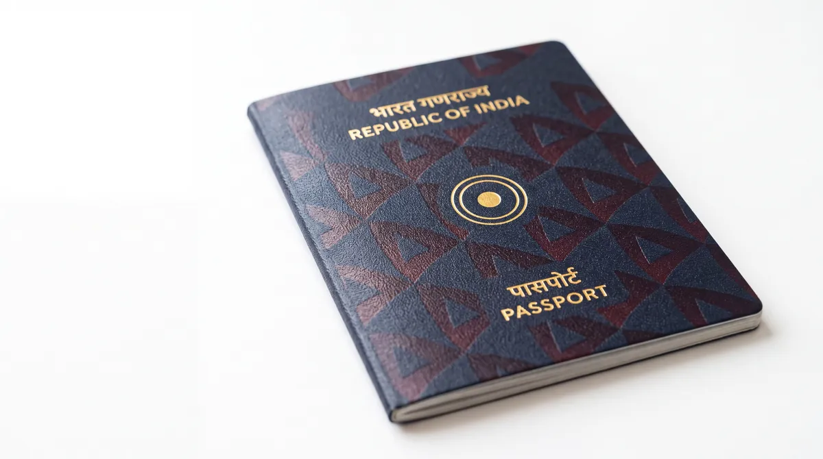 Pages of a navy travel document under a warm lamp